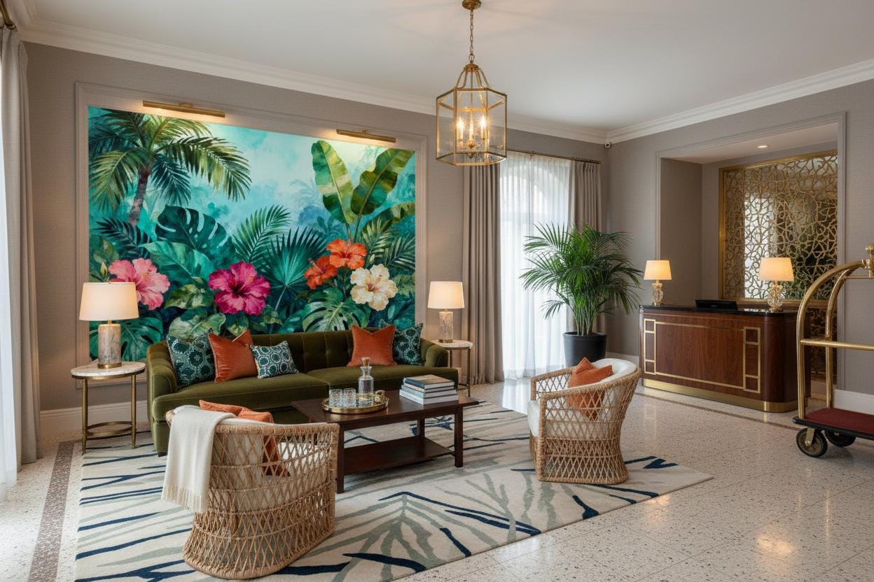 Tropical Hibiscus Vibrant Green Floral Wallpaper – detail view, Golden Era Walls