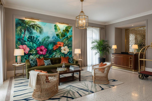 Tropical Hibiscus Vibrant Green Floral Wallpaper – detail view, Golden Era Walls