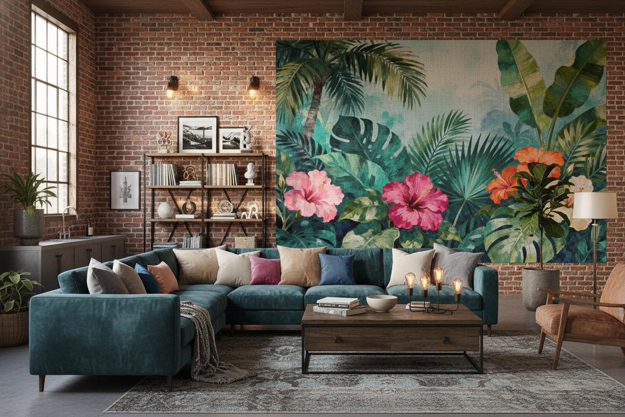 Tropical Hibiscus Vibrant Green Floral Wallpaper – peel and stick wallpaper mural, Golden Era Walls