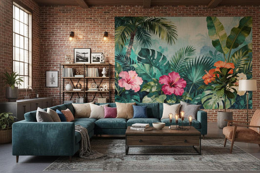 Tropical Hibiscus Vibrant Green Floral Wallpaper – peel and stick wallpaper mural, Golden Era Walls