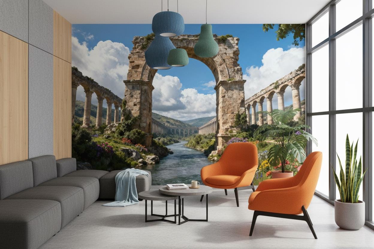 Historic Roman Aqueduct Scenic Wallpaper – room setting, Golden Era Walls