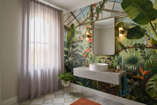 Tropical Greenhouse Exotic Parrot Floral Wallpaper – detail view, Golden Era Walls