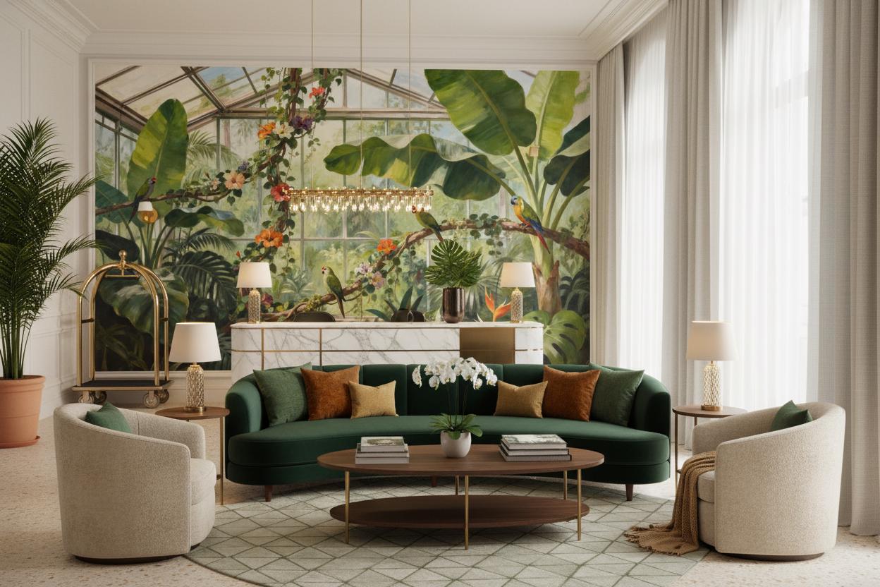 Tropical Greenhouse Exotic Parrot Floral Wallpaper – scale reference, Golden Era Walls