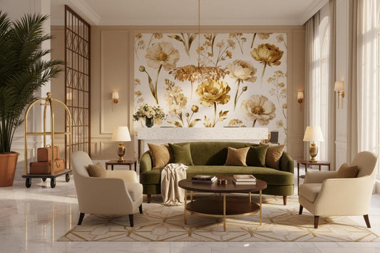 Golden Floral Vintage Botanical Floral Wallpaper – lifestyle view, Golden Era Walls