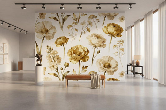 Golden Floral Vintage Botanical Floral Wallpaper – room setting, Golden Era Walls
