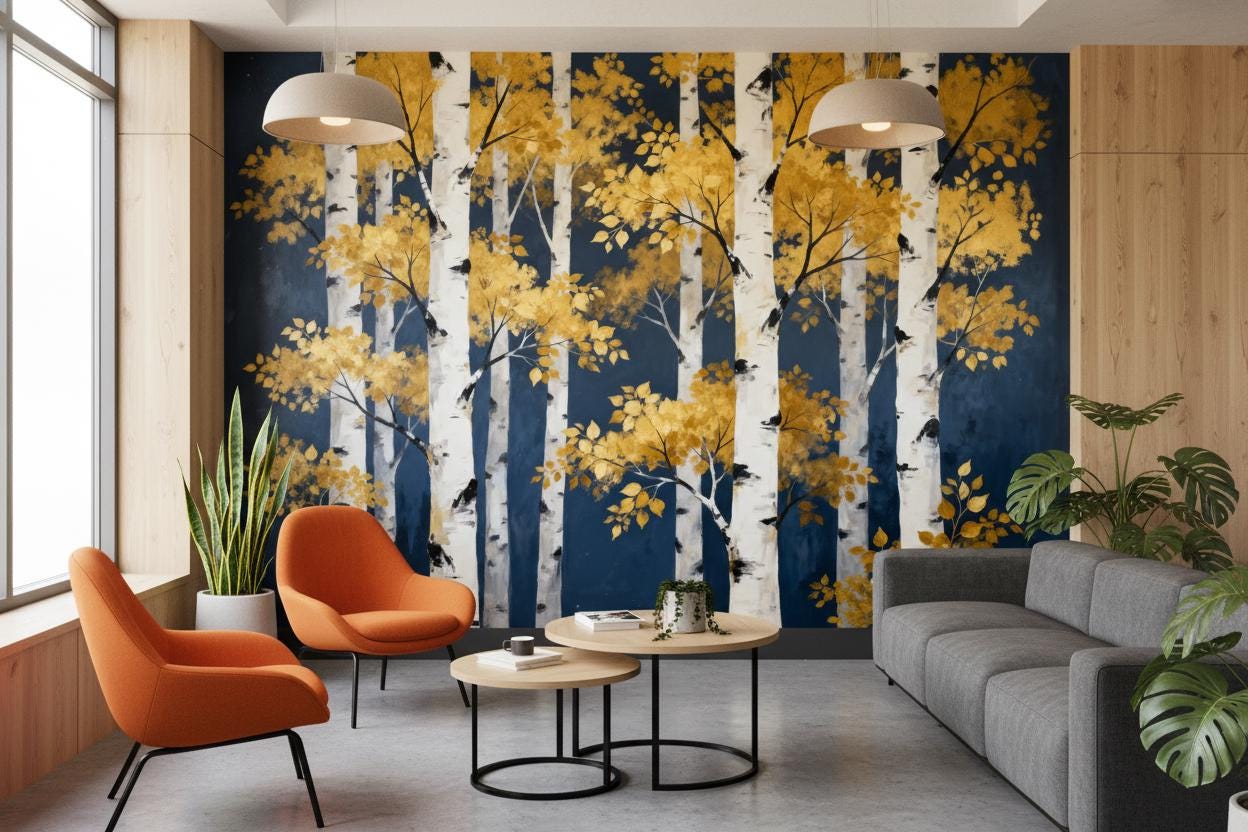 Golden Birch Forest Navy Wallpaper – detail view, Golden Era Walls