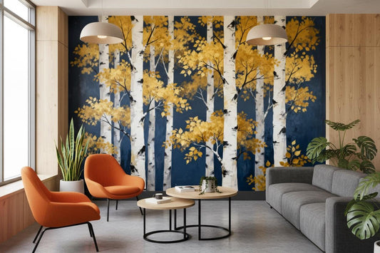Golden Birch Forest Navy Wallpaper – detail view, Golden Era Walls