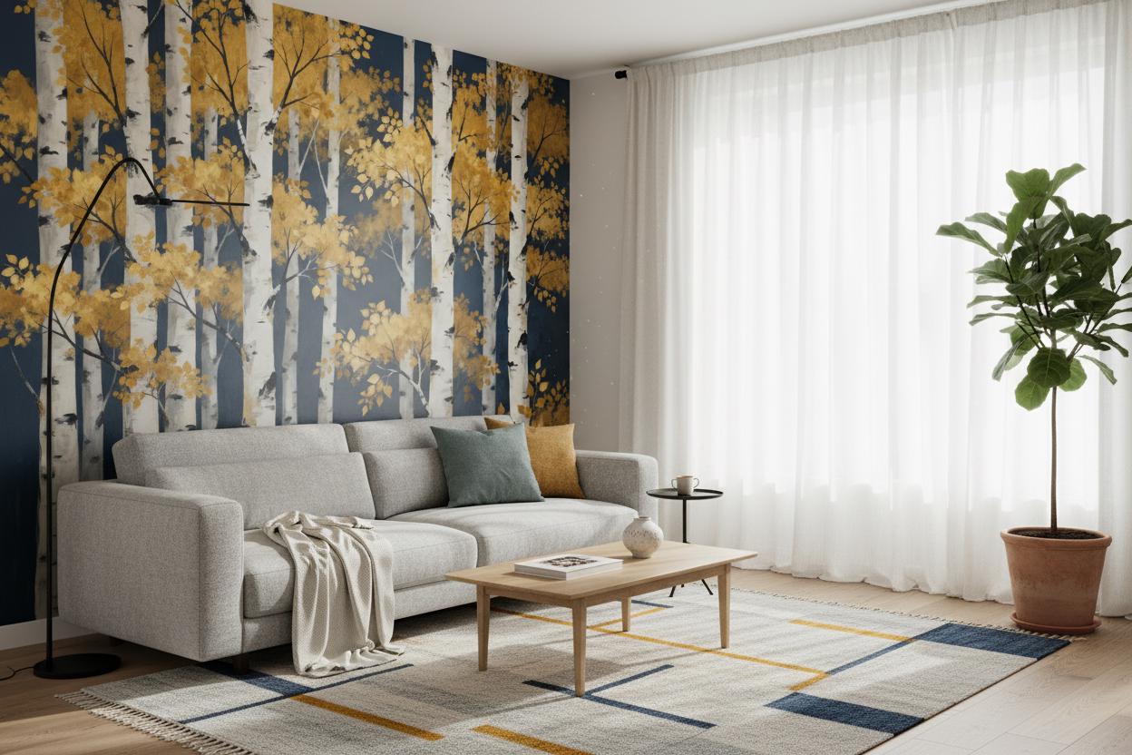 Golden Birch Forest Navy Wallpaper – scale reference, Golden Era Walls