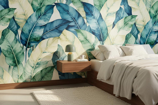 Serene Watercolor Tropical Leaves Floral Wallpaper – peel and stick wallpaper mural, Golden Era Walls