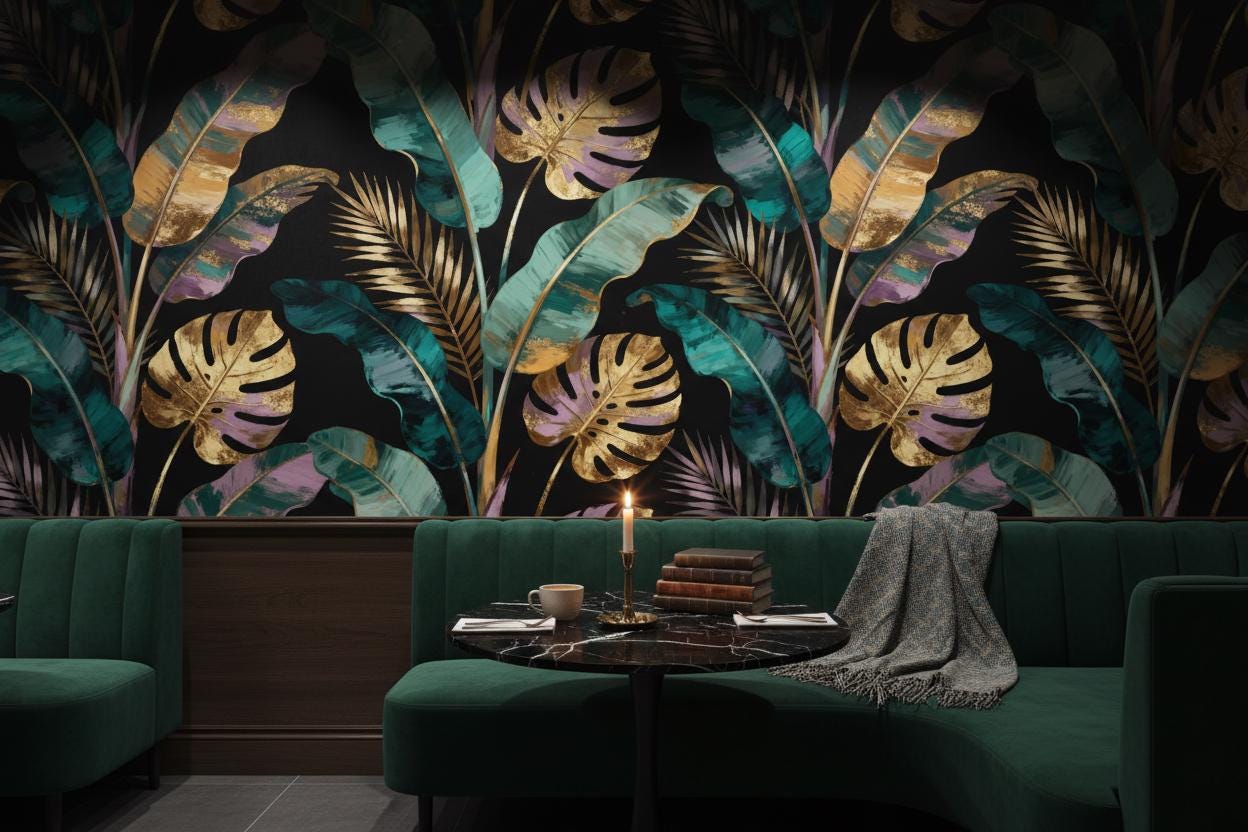Gold Tropical Leaves Dark Floral Wallpaper – room setting, Golden Era Walls
