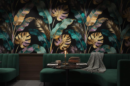 Gold Tropical Leaves Dark Floral Wallpaper – room setting, Golden Era Walls