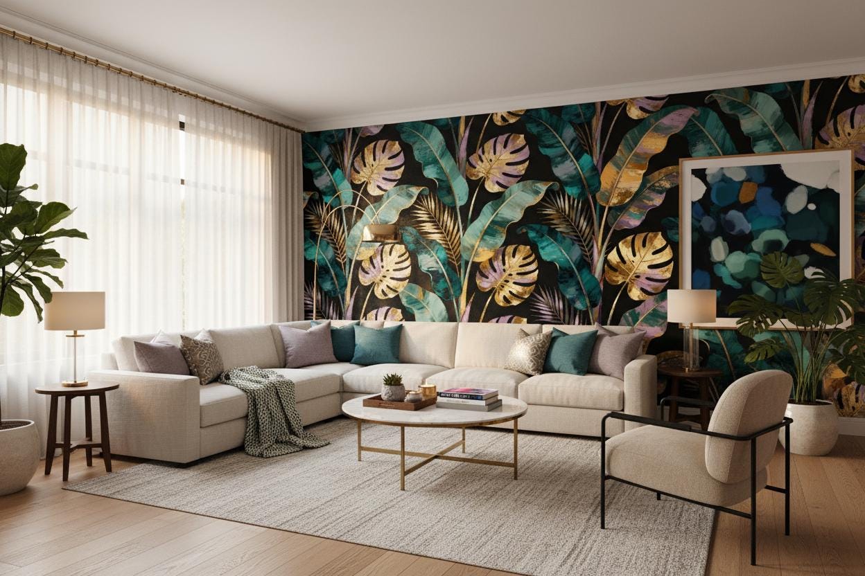 Gold Tropical Leaves Dark Floral Wallpaper – detail view, Golden Era Walls
