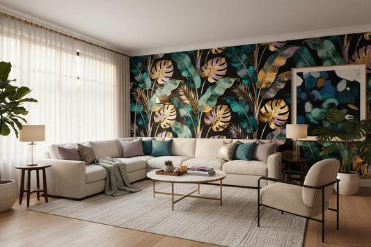 Gold Tropical Leaves Dark Floral Wallpaper – detail view, Golden Era Walls