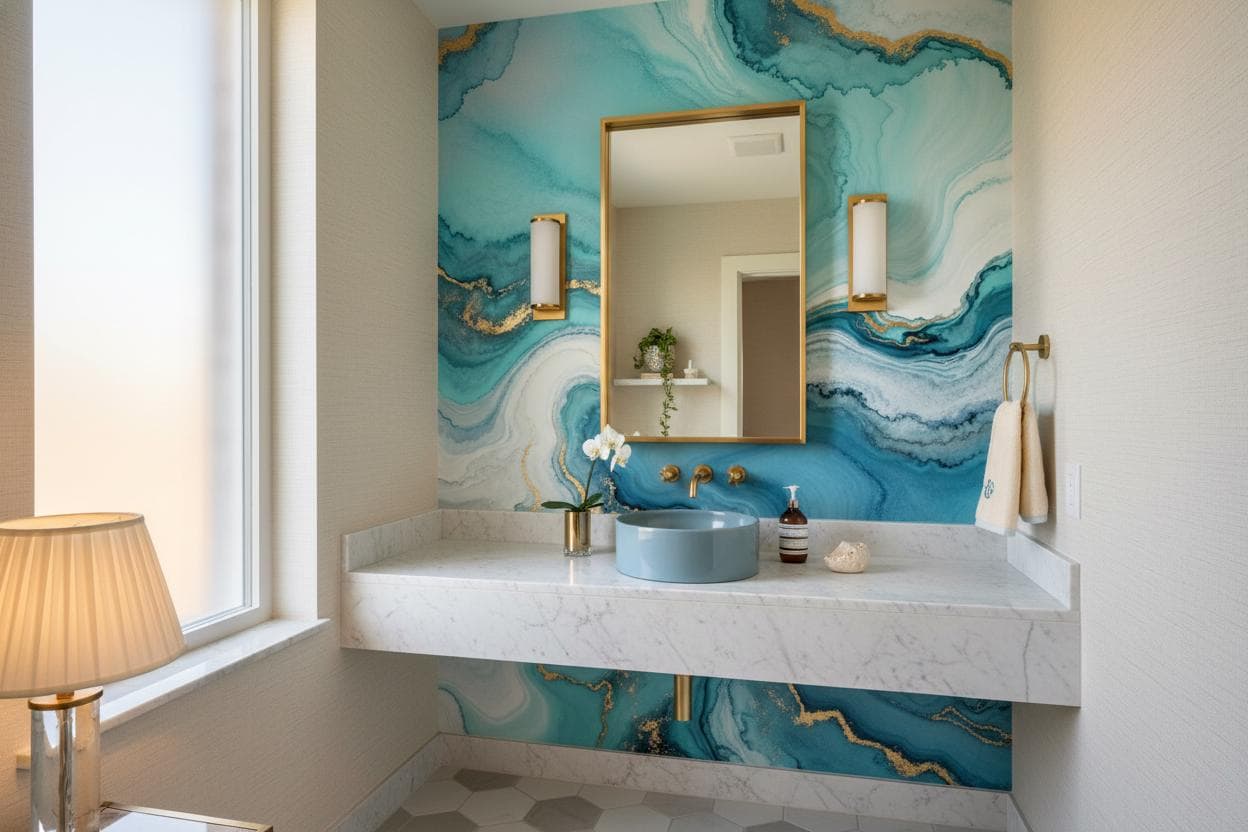 Opulent Teal Gold Agate Marble Wallpaper – room setting, Golden Era Walls