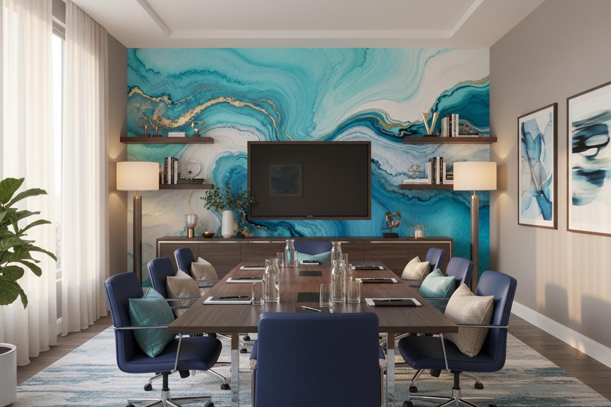 Opulent Teal Gold Agate Marble Wallpaper – scale reference, Golden Era Walls