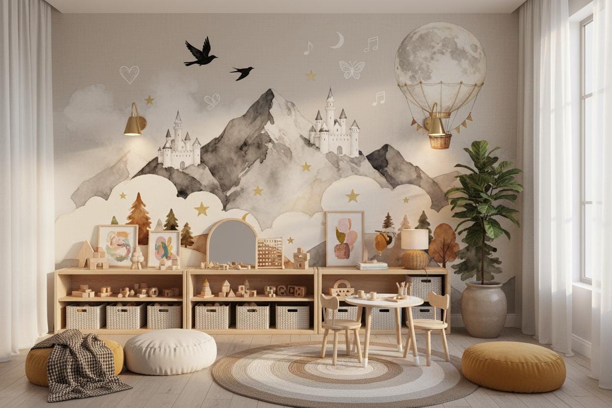 Fairytale Castle Gray Watercolor Wallpaper – alternate view, Golden Era Walls