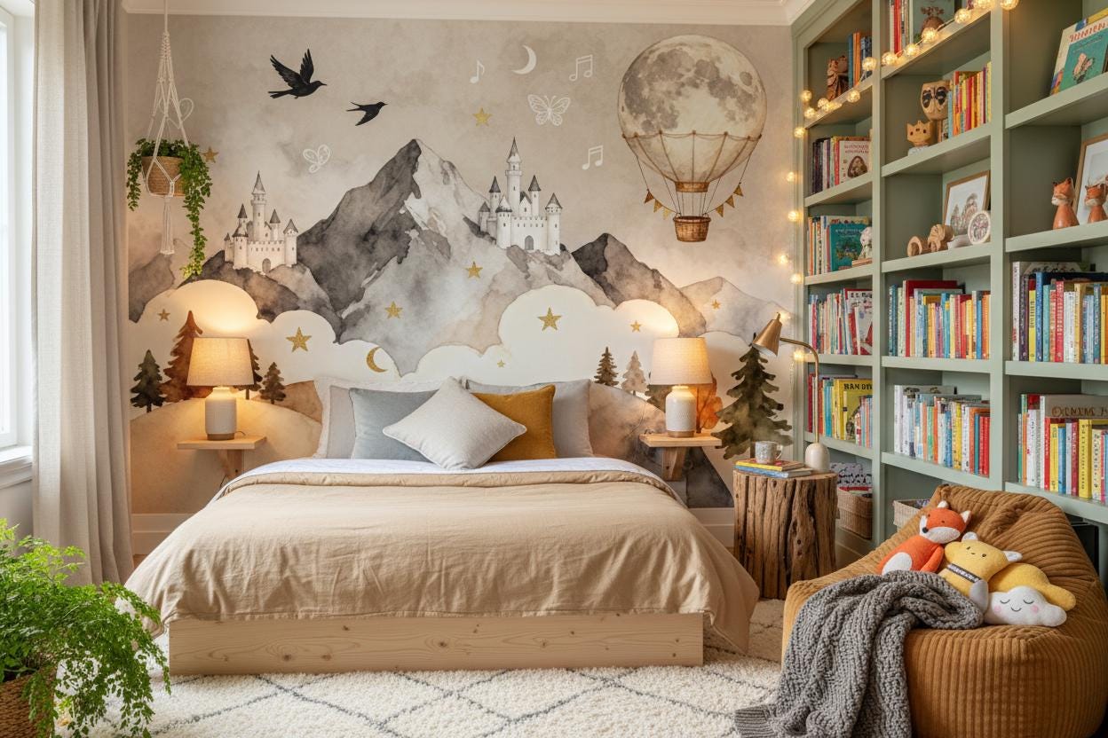 Fairytale Castle Gray Watercolor Wallpaper – scale reference, Golden Era Walls
