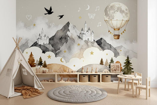 Fairytale Castle Gray Watercolor Wallpaper – peel and stick wallpaper mural, Golden Era Walls