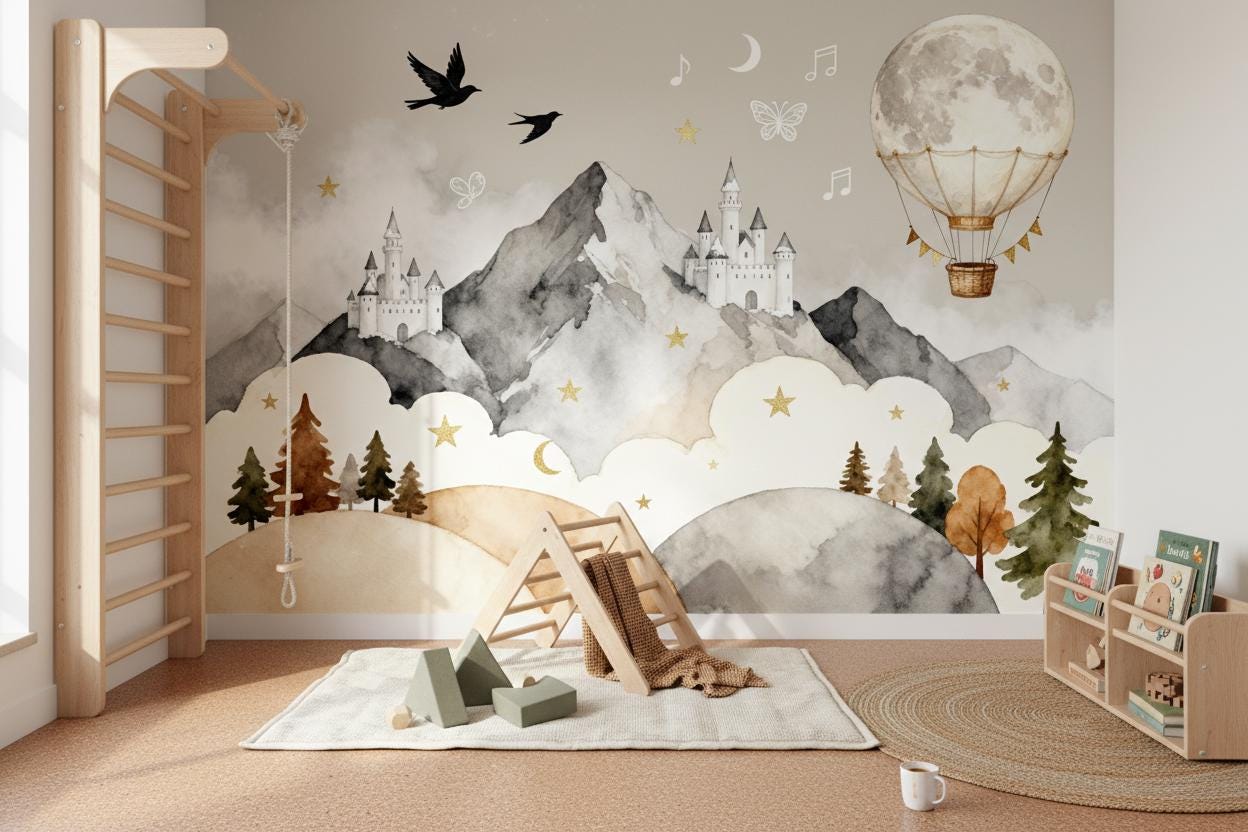 Fairytale Castle Gray Watercolor Wallpaper – detail view, Golden Era Walls