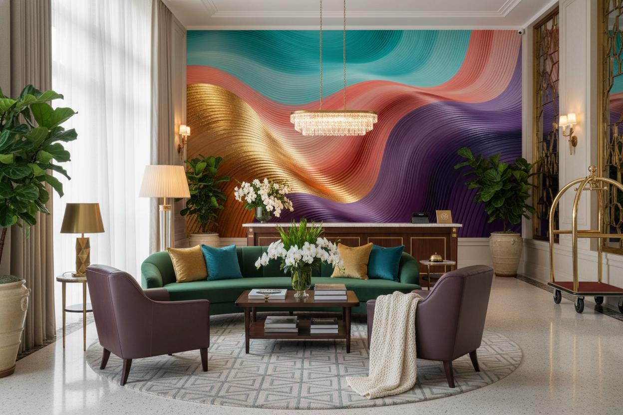 Abstract Gold Textured Teal Geometric Wallpaper – room setting, Golden Era Walls