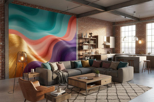 Abstract Gold Textured Teal Geometric Wallpaper – lifestyle view, Golden Era Walls