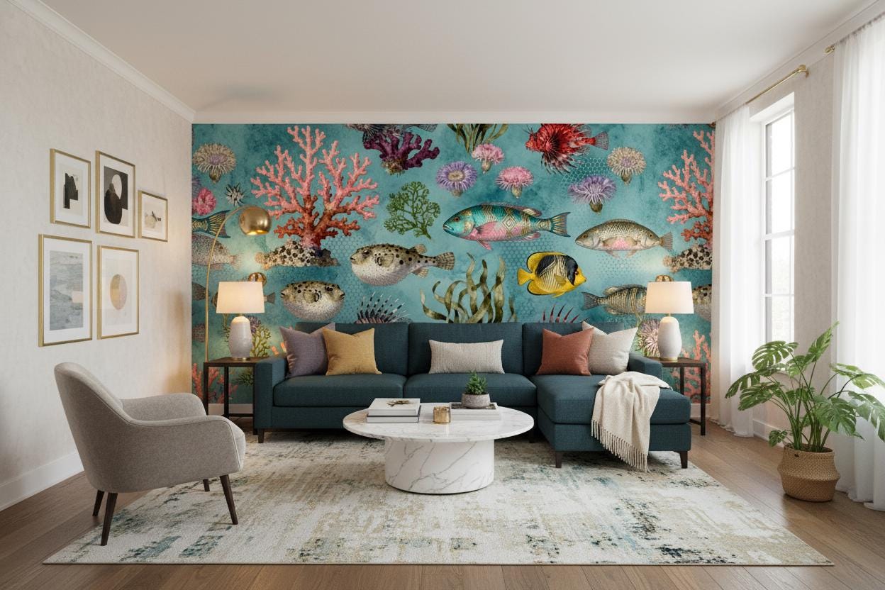 Teal Coastal Watercolor Marine Coastal Wallpaper – scale reference, Golden Era Walls