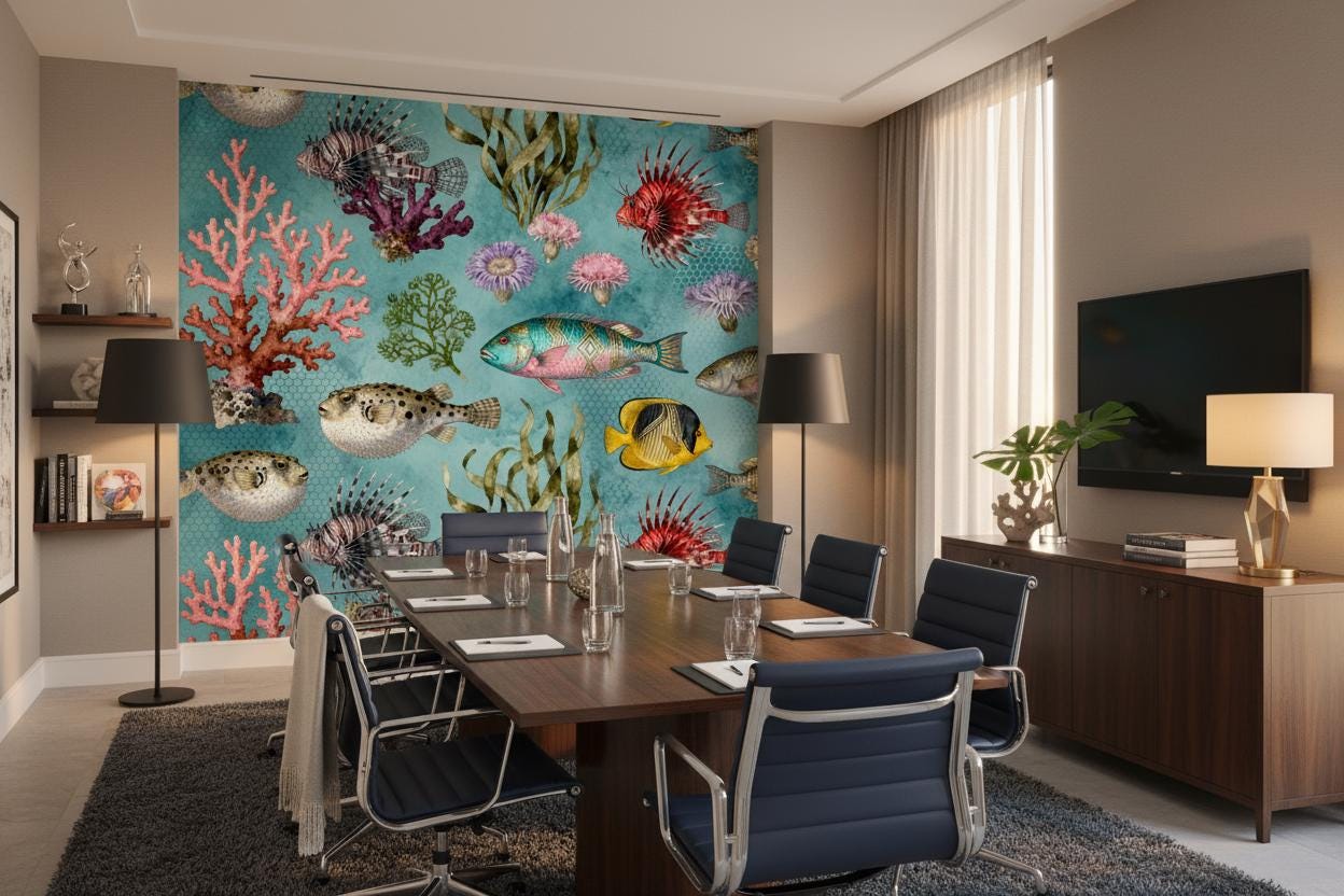 Teal Coastal Watercolor Marine Coastal Wallpaper – alternate view, Golden Era Walls