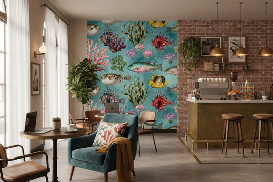 Teal Coastal Watercolor Marine Coastal Wallpaper – lifestyle view, Golden Era Walls