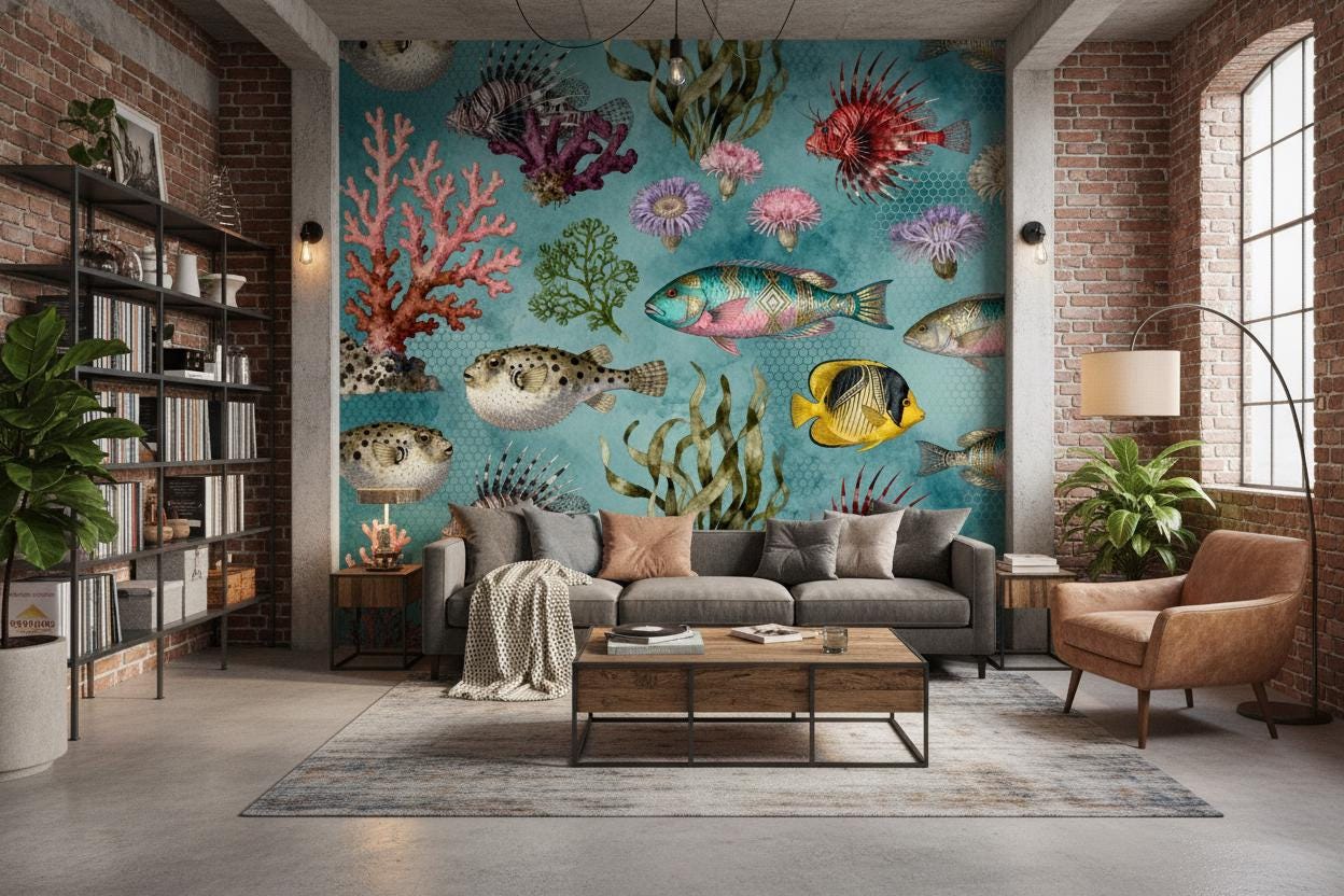Teal Coastal Watercolor Marine Coastal Wallpaper – detail view, Golden Era Walls