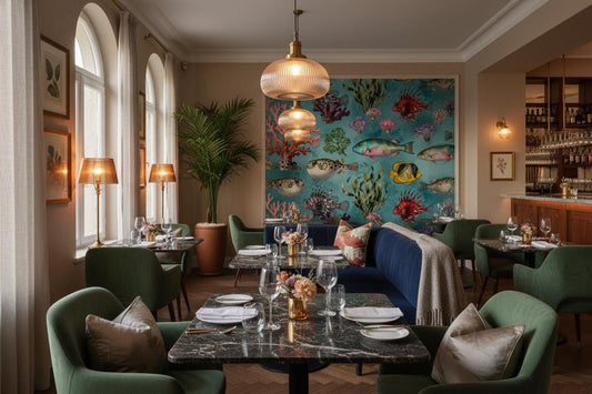 Teal Coastal Watercolor Marine Coastal Wallpaper – room setting, Golden Era Walls