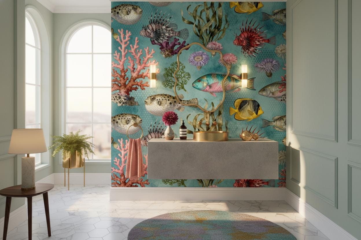 Teal Coastal Watercolor Marine Coastal Wallpaper – peel and stick wallpaper mural, Golden Era Walls