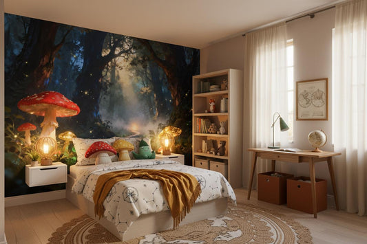 Fairytale Castle Gray Watercolor Wallpaper – room setting, Golden Era Walls