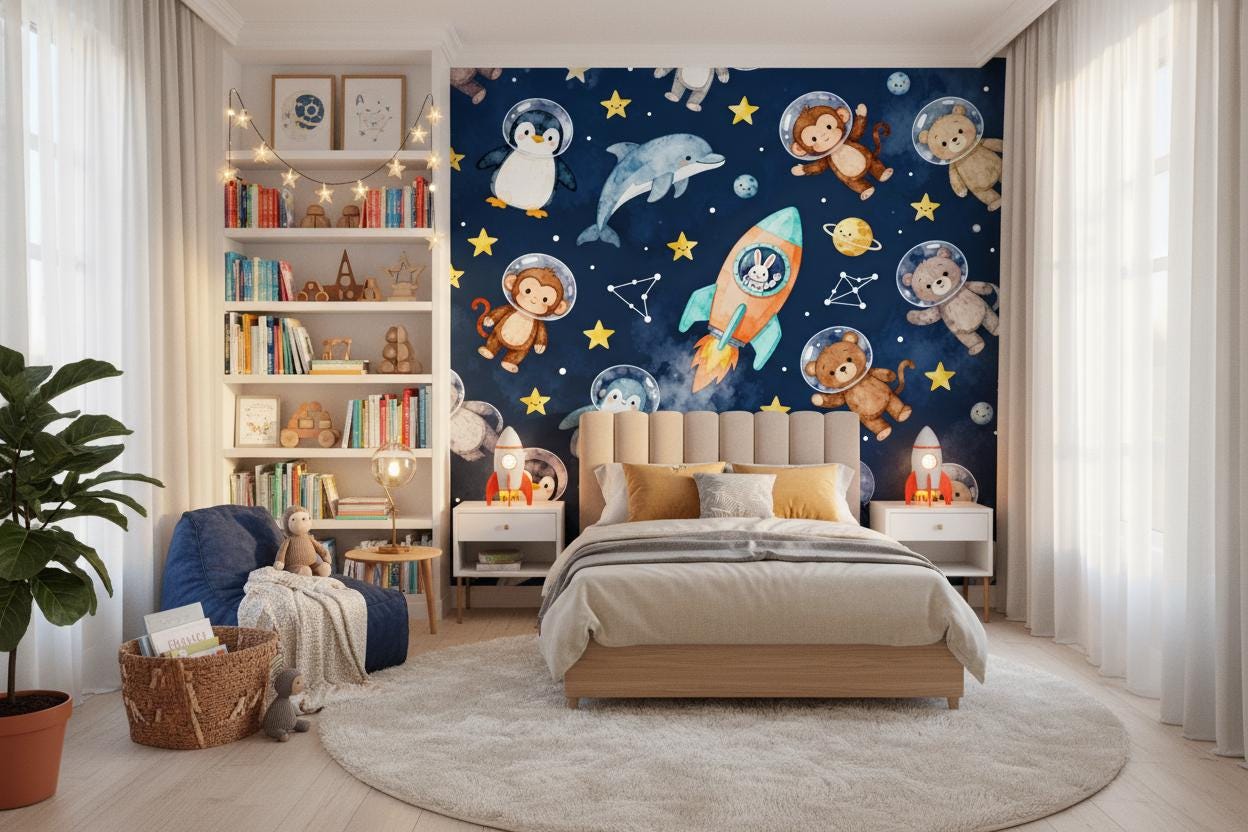 Space Animals Navy Blue Wallpaper – peel and stick wallpaper mural, Golden Era Walls