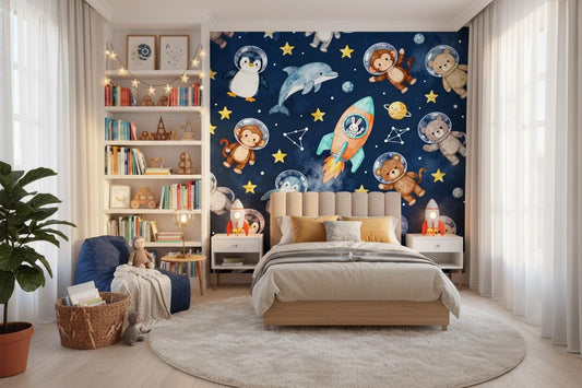 Space Animals Navy Blue Wallpaper – peel and stick wallpaper mural, Golden Era Walls