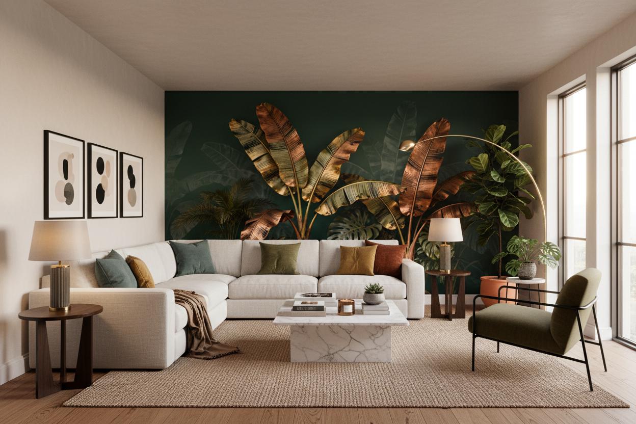 Emerald Green Tropical Metallic Floral Wallpaper – scale reference, Golden Era Walls