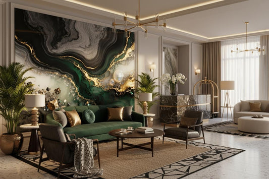 Emerald Gold Abstract Luxury Geometric Wallpaper – detail view, Golden Era Walls