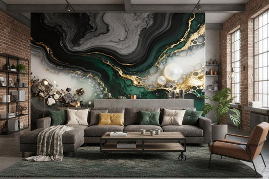 Emerald Gold Abstract Luxury Geometric Wallpaper – peel and stick wallpaper mural, Golden Era Walls