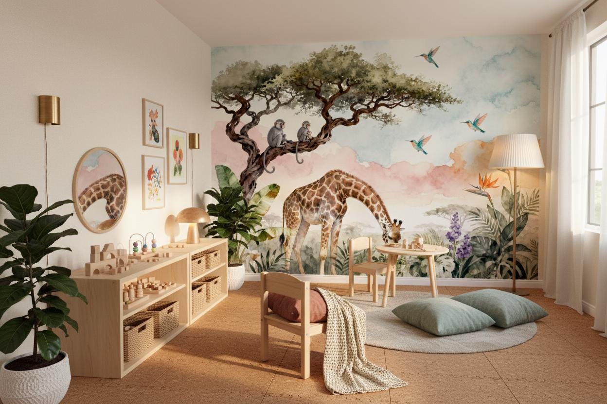 Safari Animal Pastel Watercolor Tropical Wallpaper – scale reference, Golden Era Walls