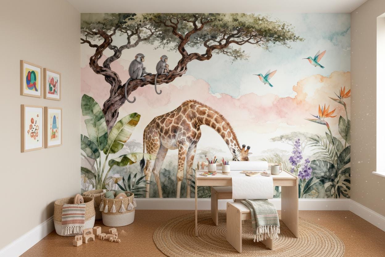 Safari Animal Pastel Watercolor Tropical Wallpaper – lifestyle view, Golden Era Walls