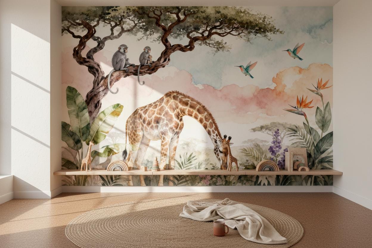 Safari Animal Pastel Watercolor Tropical Wallpaper – room setting, Golden Era Walls
