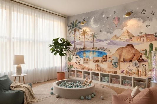 Dreamy Desert Oasis Pastel Wallpaper – room setting, Golden Era Walls