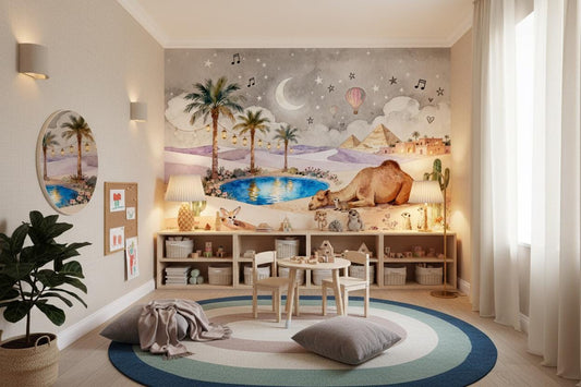 Dreamy Desert Oasis Pastel Wallpaper – lifestyle view, Golden Era Walls