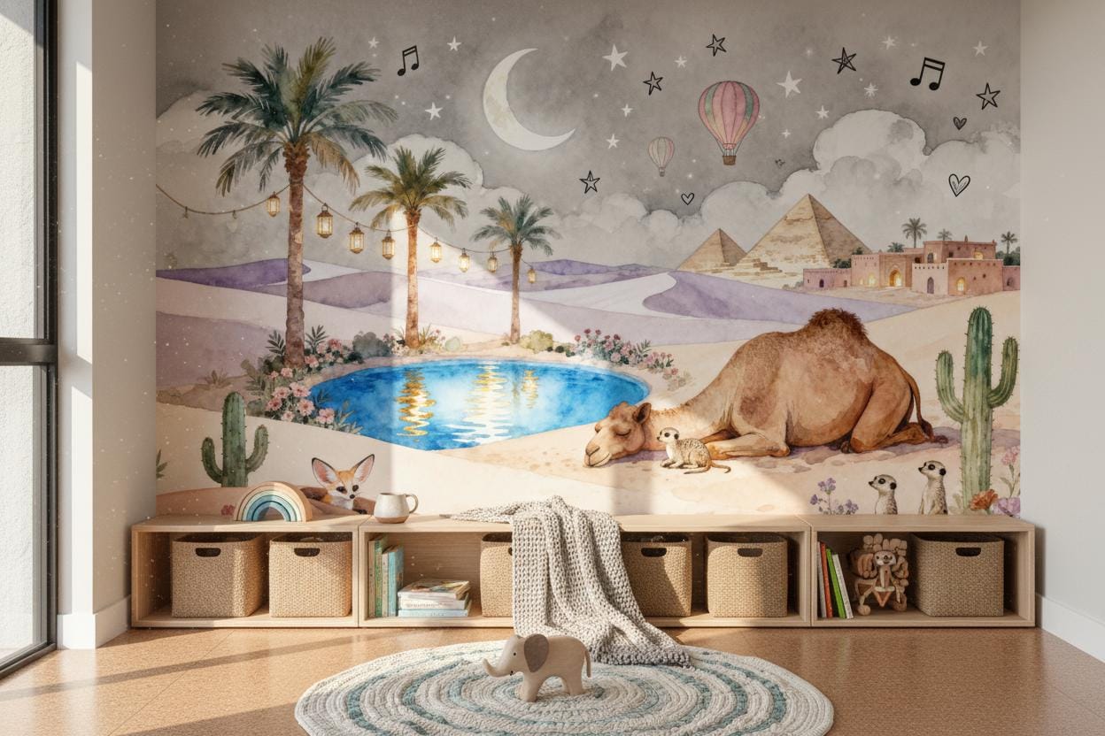 Dreamy Desert Oasis Pastel Wallpaper – scale reference, Golden Era Walls