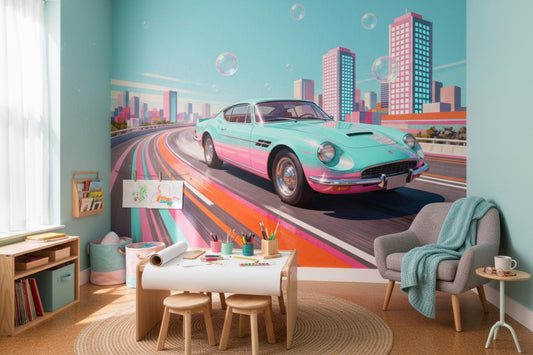 Retro Cityscape Teal Pink Wallpaper – peel and stick wallpaper mural, Golden Era Walls