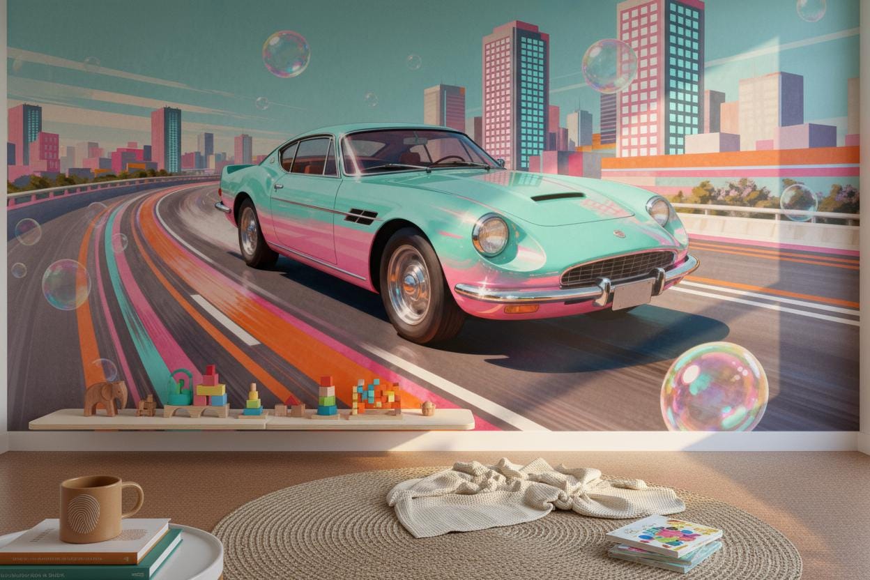 Retro Cityscape Teal Pink Wallpaper – lifestyle view, Golden Era Walls