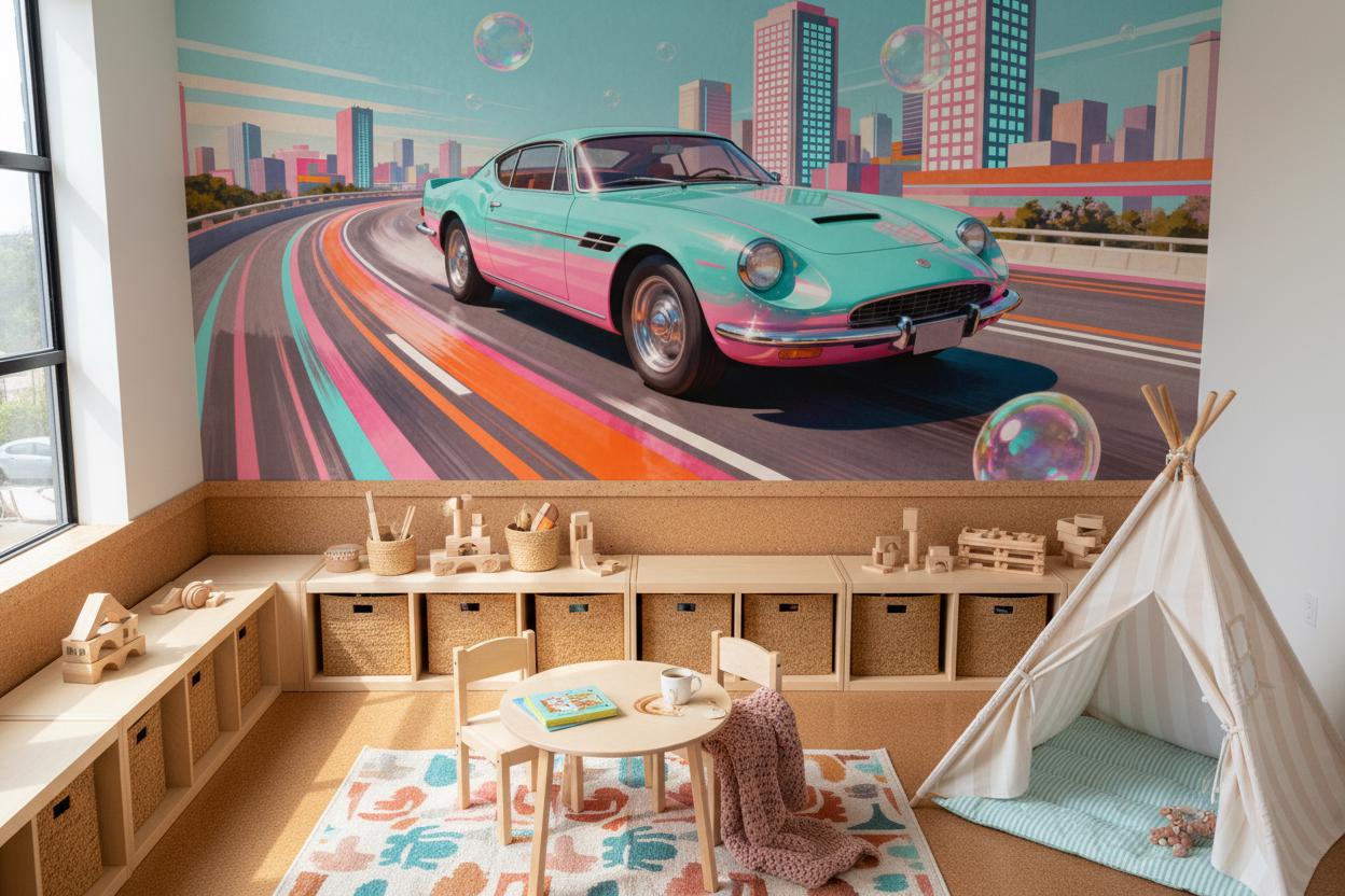 Retro Cityscape Teal Pink Wallpaper – scale reference, Golden Era Walls