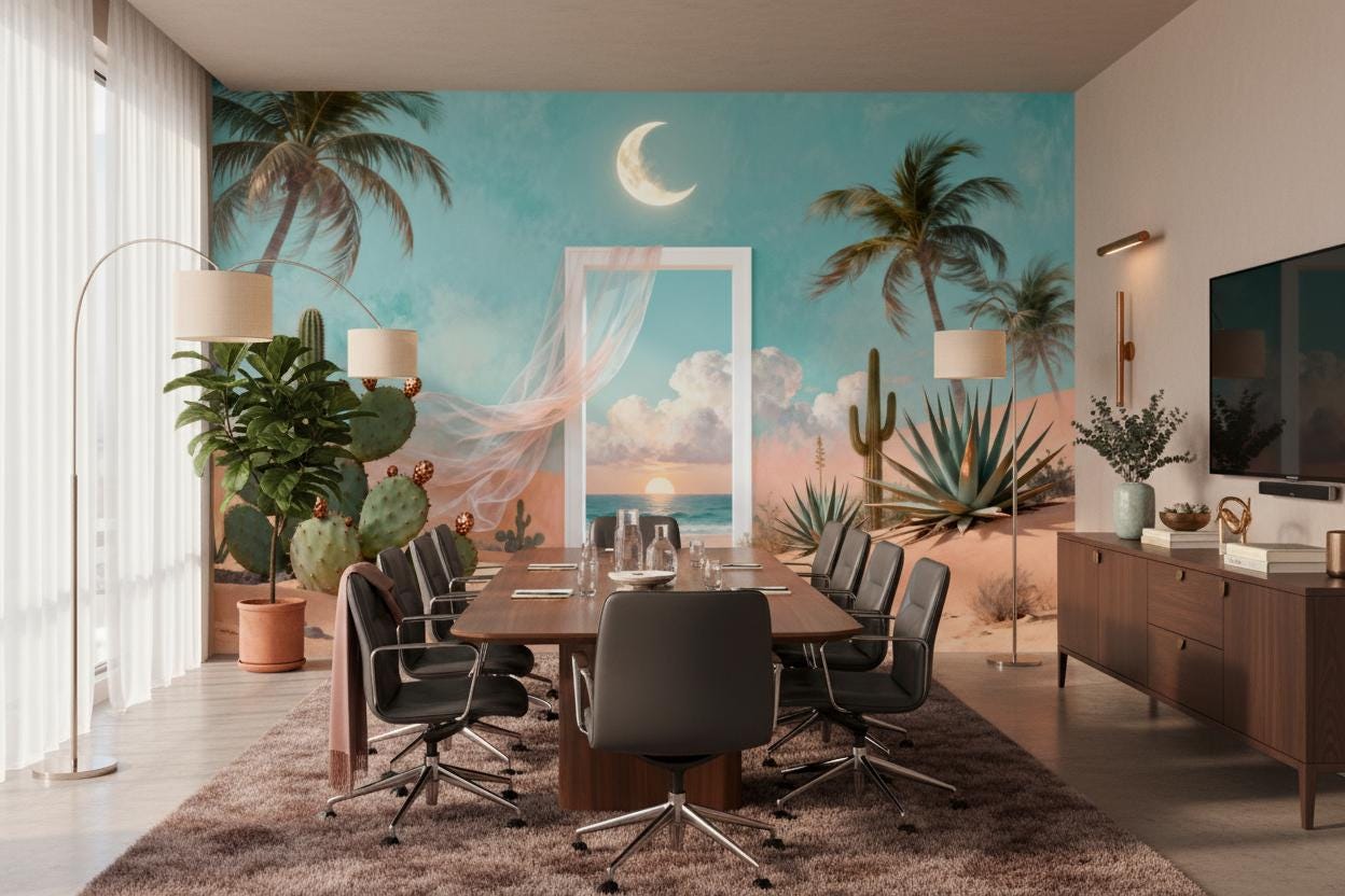 Desert Portal Landscape Turquoise Coastal Wallpaper – scale reference, Golden Era Walls