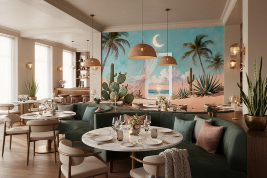 Desert Portal Landscape Turquoise Coastal Wallpaper – lifestyle view, Golden Era Walls