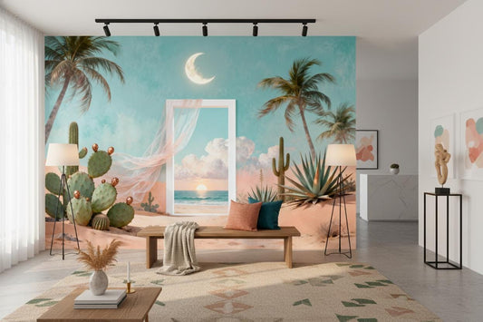 Desert Portal Landscape Turquoise Coastal Wallpaper – peel and stick wallpaper mural, Golden Era Walls
