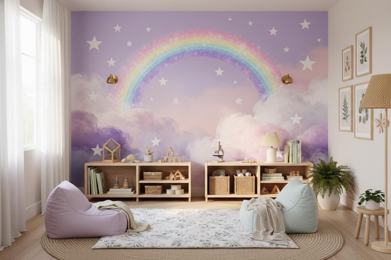 Rainbow Stars Pastel Cloud Wallpaper – scale reference, Golden Era Walls